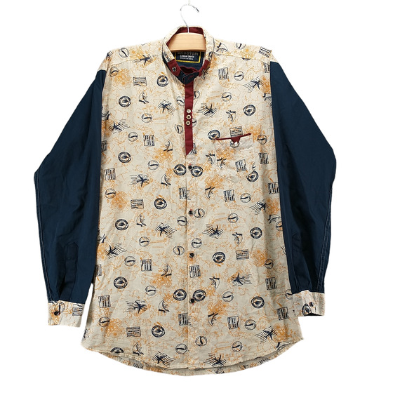 Shooter Western Men's Button-Up Shirt Multi XL Long Sleeve London Stamps Planes - Picture 1 of 12
